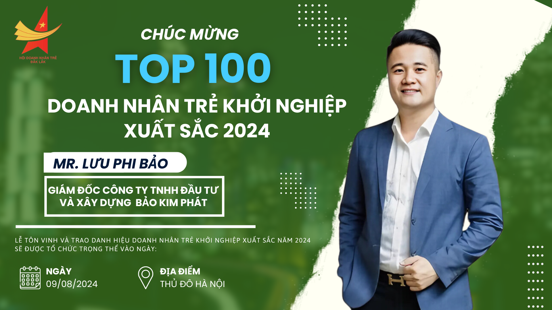 XIN CHÚC MỪNG HỘI VIÊN HỘI DOANH NHÂN TRẺ ĐẮK LẮK ĐÃ ĐẠT DANH HIỆU “TOP 100 DOANH NHÂN TRẺ KHỞI NGHIỆP XUẤT SẮC 2024”