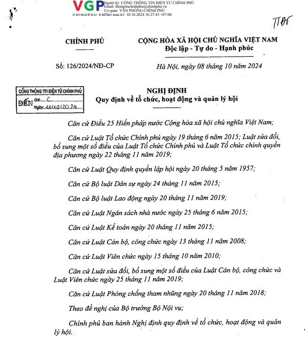 Nghị định số 126/2024/NĐ-CP của Chính phủ: Quy định về tổ chức, hoạt động và quản lý hội