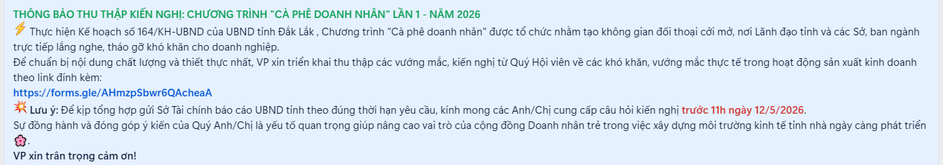THÔNG BÁO THU THẬP KIẾN NGHỊ: CHƯƠNG TRÌNH "CÀ PHÊ DOANH NHÂN" LẦN 1 - NĂM 2026