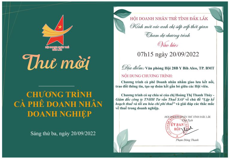 Trân trọng kính gửi: Qúy anh chị Hội viên thư mời tham dự Chương trình cà phê Doanh nhân, ngày 20/9/2022
