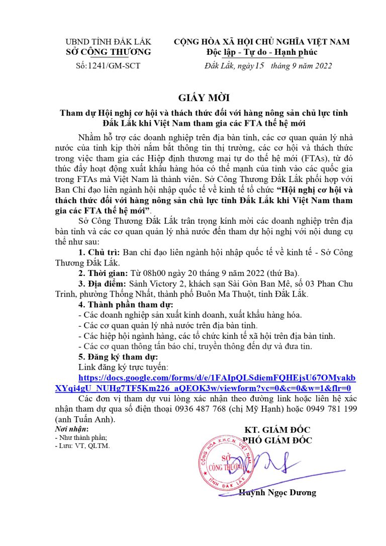 Trân trọng kính gửi: Qúy anh chị Hội viên link đăng ký tham dự “Hội nghị cơ hội và thách thức đối với hàng nông sản chủ lực tỉnh Đắk Lắk khi Việt Nam tham gia các FTA thế hệ mới”. ngày 20/9/2022