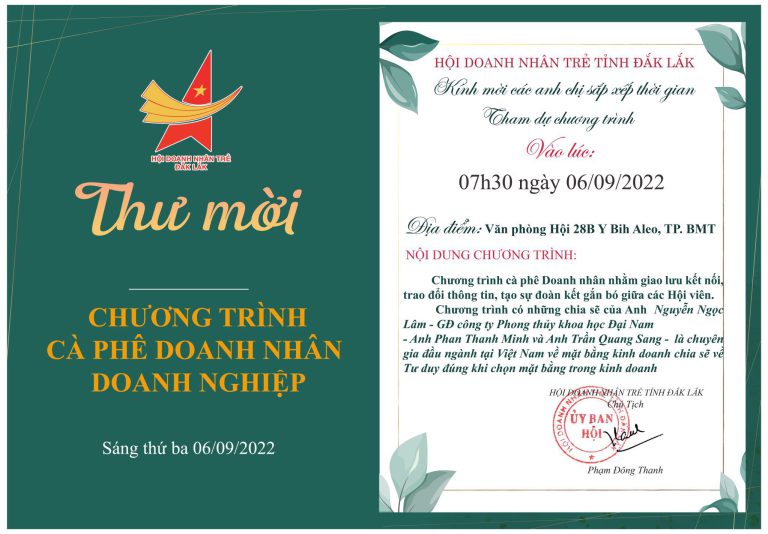 Trân trọng kính gửi: Qúy anh chị Hội viên thư mời tham  dự Chương trình cà phê Doanh nhân, ngày 6/9/2022