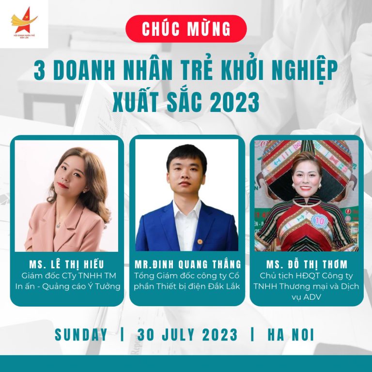 XIN CHÚC MỪNG 3 ANH CHỊ HỘI VIÊN HỘI DOANH NHÂN TRẺ ĐẮK LẮK ĐÃ ĐẠT DANH HIỆU “TOP 100 DOANH NHÂN TRẺ KHỞI NGHIỆP XUẤT SẮC TOÀN QUỐC NĂM 2023”