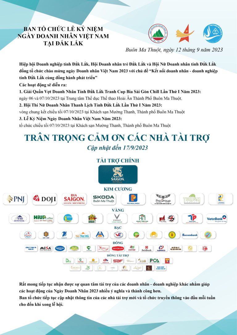 KÍNH GỬI QUÝ ANH CHỊ HỘI VIÊN THƯ MỜI TÀI TRỢ CHƯƠNG TRÌNH CHÀO MỪNG NGÀY DOANH NHÂN VIỆT NAM 13/10/2023