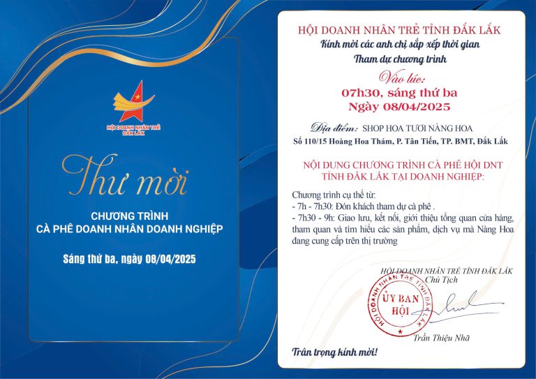 THƯ MỜI CHƯƠNG TRÌNH CÀ PHÊ DOANH NHÂN SÁNG THỨ BA NGÀY 08/04/2025